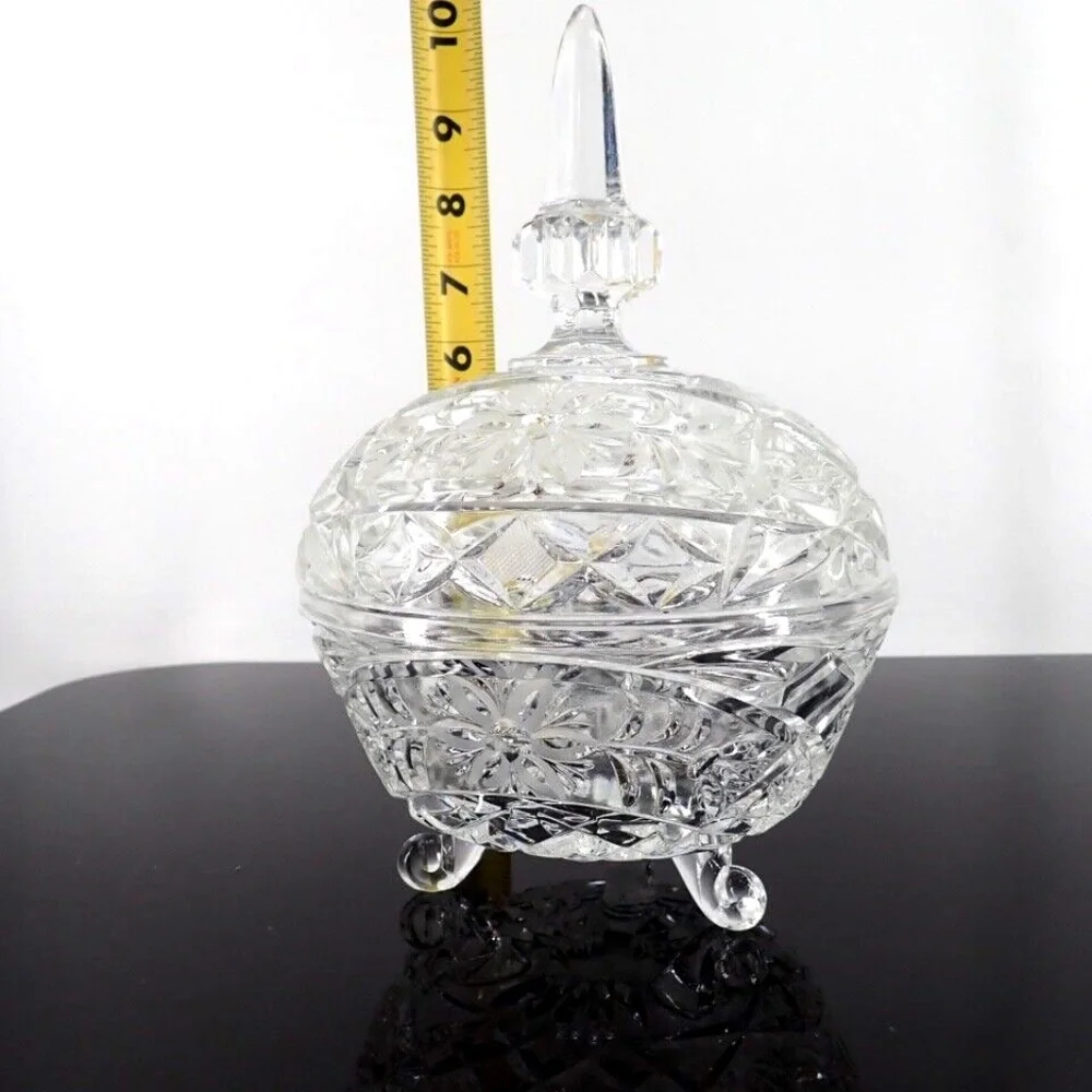 Cut Crystal Lidded Compote Candy Dish Three Footed 2 pc Floral Cut Bowl Vtg 60's